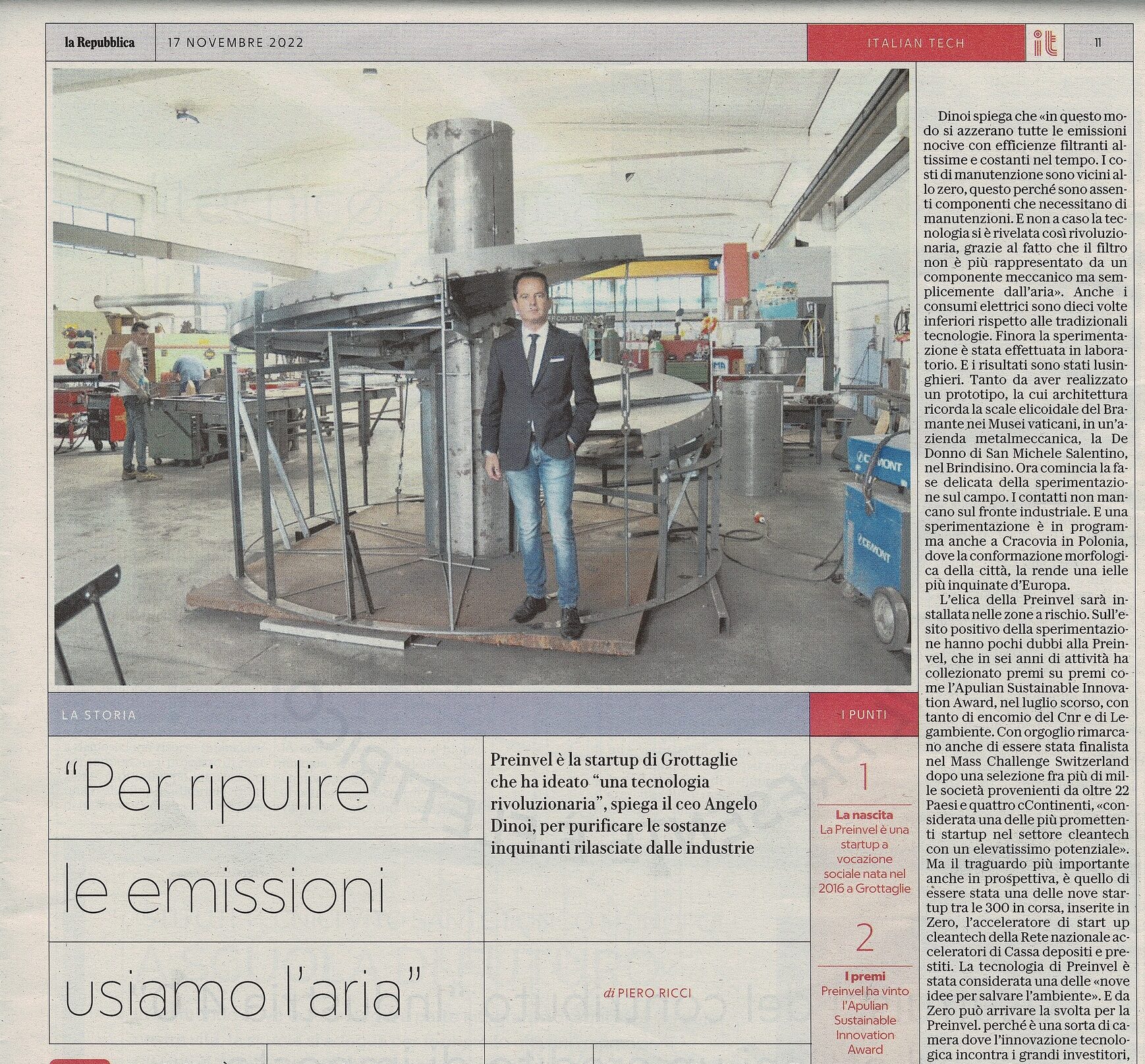 “Per ripulire le emissioni usiamo l’aria”: Articolo di Piero RICCI da “La REPUBBLICA”